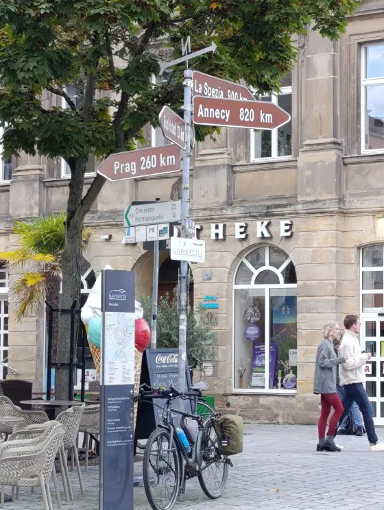 Wegweiser in Bayreuth zu Partnerstädten wie Prag und La Spezia