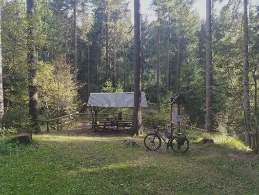 Rast an einer Schutzhütte im sonnigen Wald