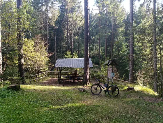 Rast an einer Schutzhütte im sonnigen Wald