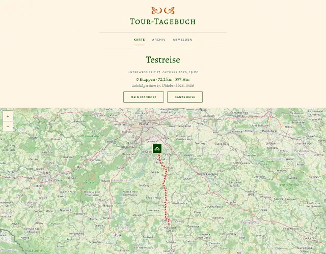 Tourtracker am Desktop: Karte mit Spur, Radsymbol und Kennzahlen der Reise