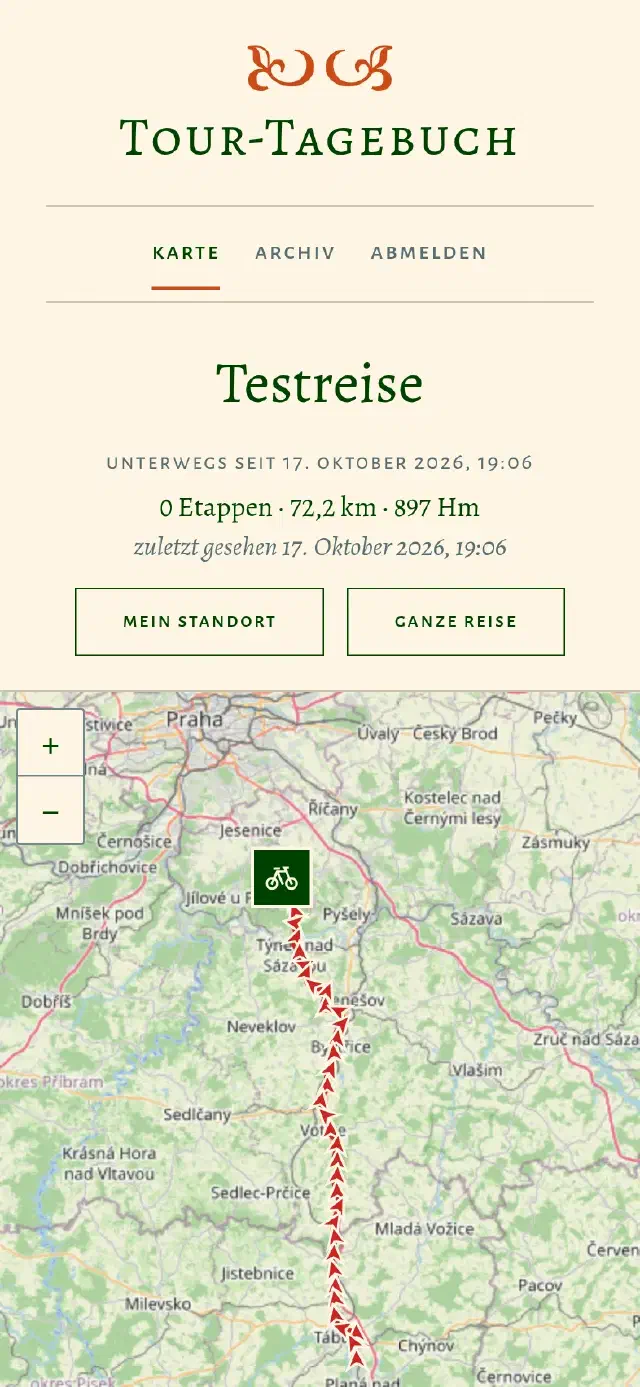 Tourtracker auf dem Handy: Karte mit der Spur einer Testfahrt kurz vor Praha